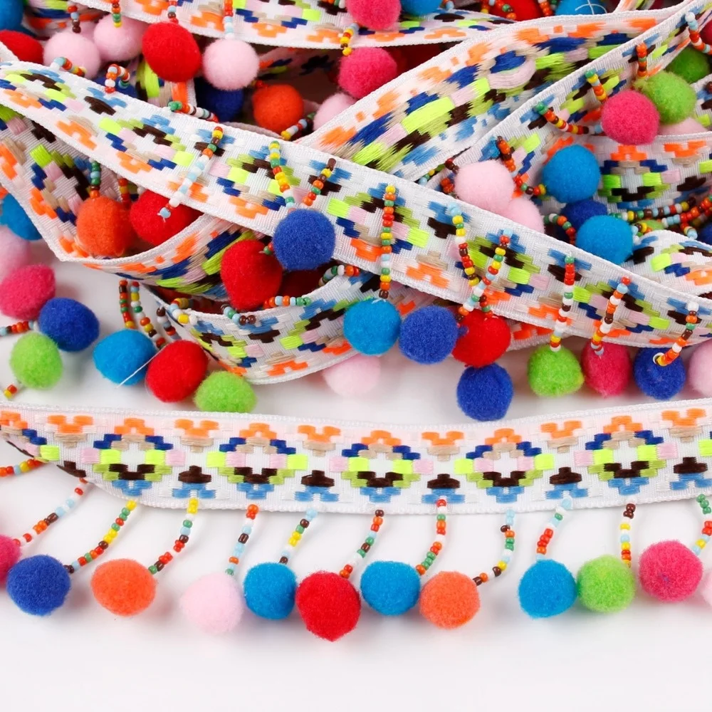 Wholesale Best Selling 6.5cm Multicolor Pompom Tassel Beaded Fringe Trim for Clothing
