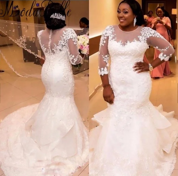 African Mermaid Tail Bridal Gown Plus Size Wedding Dress With Sleeves