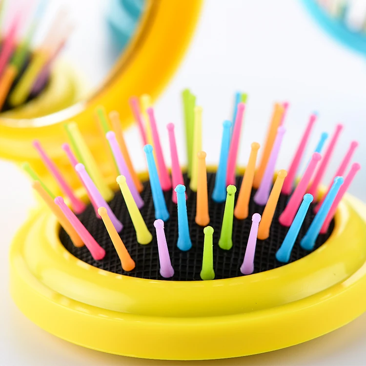 ABS plastic comb black cushion pocket round shape mirror hair brush foldable hairbrush with glass mirror