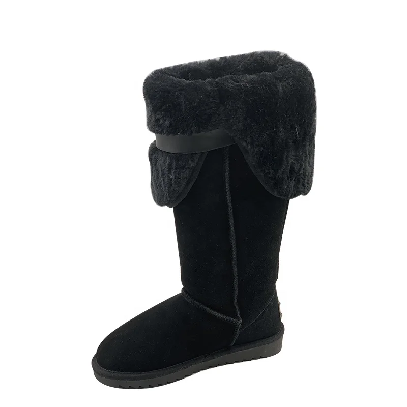 Fashion Black Cow Suede High Cut Long Wool Fur Fluffy Winter Women Snow Boots Shoes