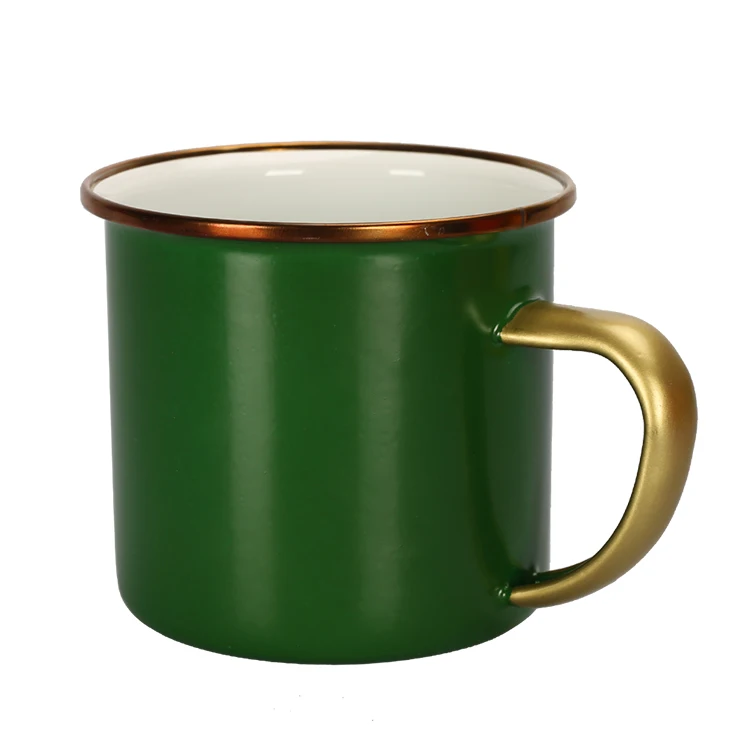 Promotional Black Speckle Camping Enamel Mug with gold and silver rim