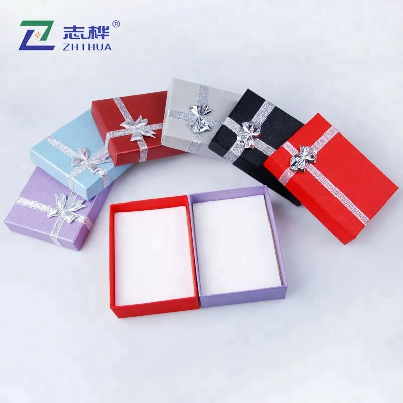 Wholesale Mixed Color Paper Cardboard Jewelry Box Silver Bow Necklace Packaging Cheap Ring Box