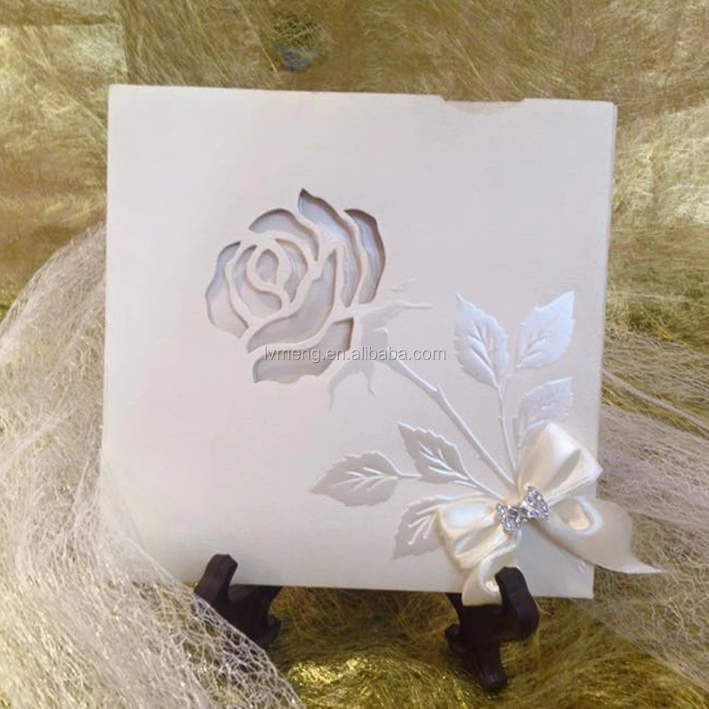 Amazing white ivory invitation card rose floral pocket embossing wedding invitations