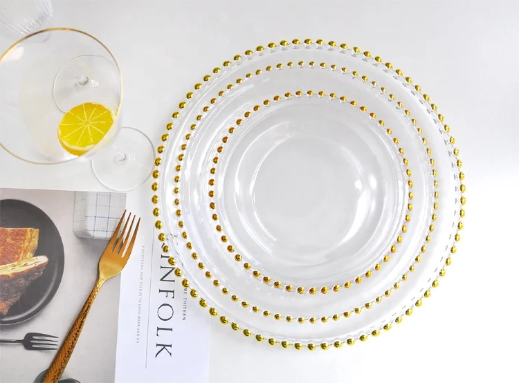 
Crystal beaded reef gold glass charger plates wed party underplates 