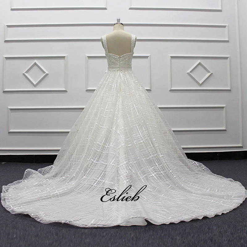 Vintage English style wedding dress wide strap pearls sash glitter wedding dress a line court train invisible back bridal gown