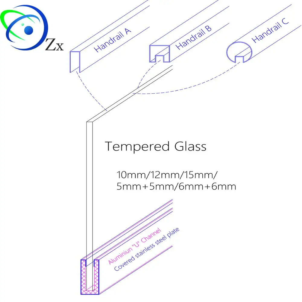 U shape Aluminium channel for frameless10/12mm/15MM glass railings & balustrades/easy install DIY stainless steel bottom groove