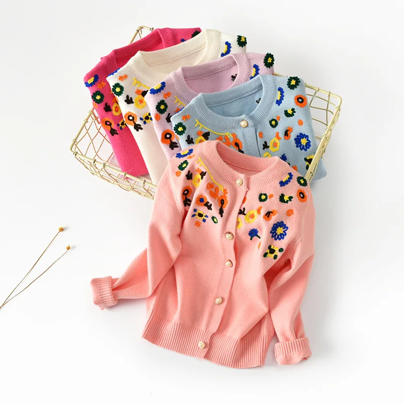 Flowers Cartoon Children Cardigan Cotton Children Girls Baby Hand Embroidery Sweater Design