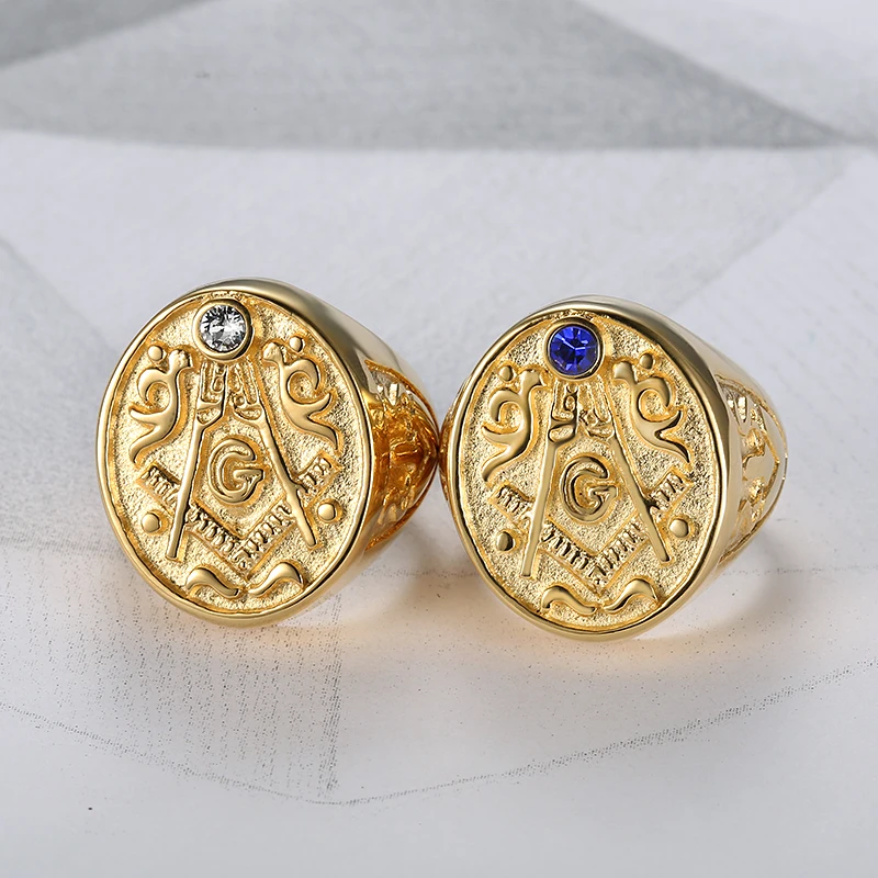 Punk 316L Stainless Steel Luxury Gold Color Masonic Clear Blue Zircon Finger Ring for Men Fashion Party Jewelry