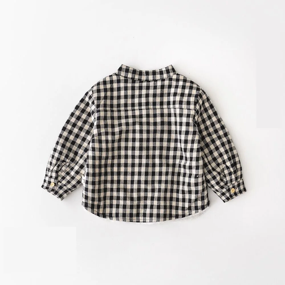 Оптовая продажа, новый стиль, модная рубашка для мальчиков с хлопковой подкладкой, детская повседневная одежда, черно-белая клетчатая рубашка для мальчиков
