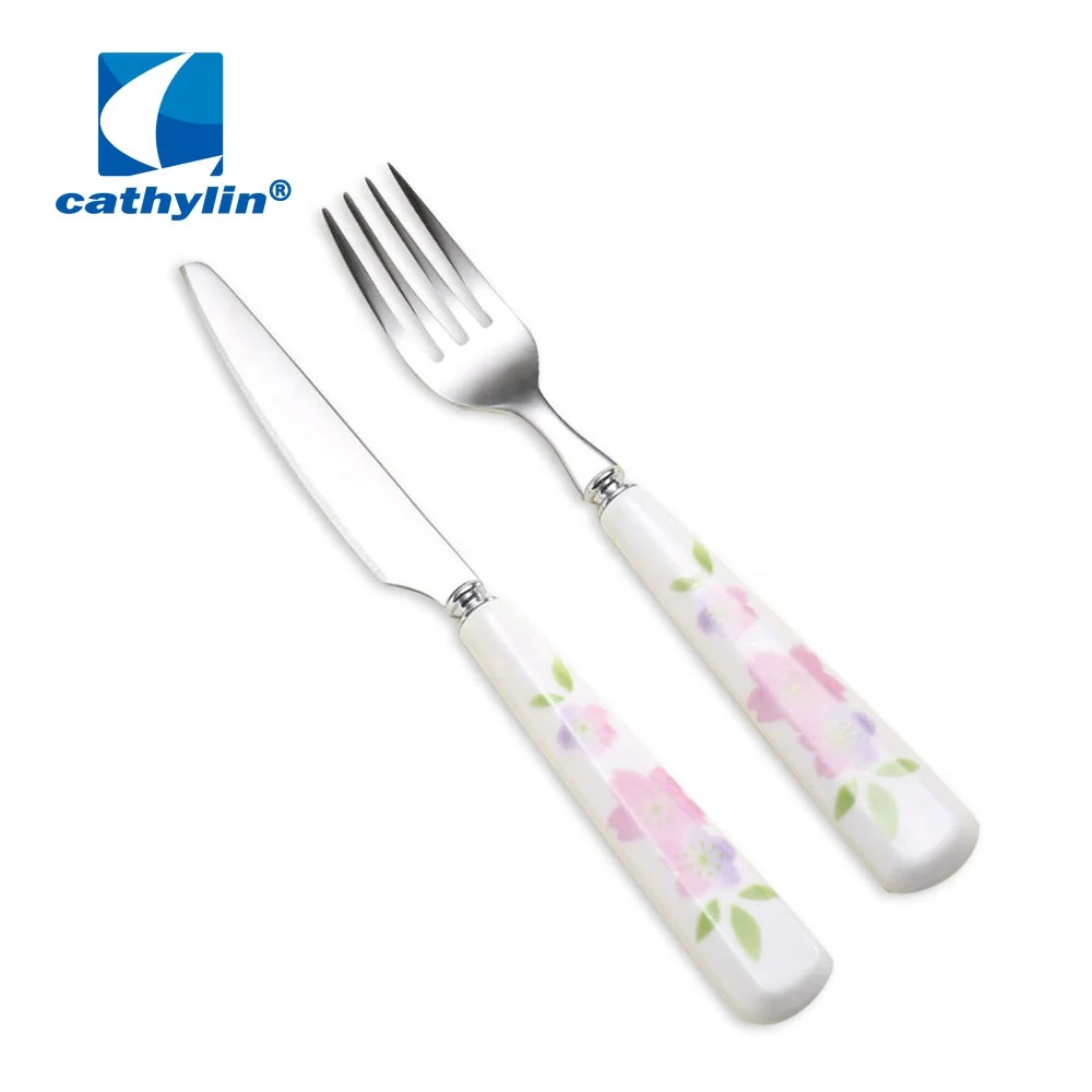Cathylin flora ceramic handle stainless steel 18-10 dinner dessert silver spoon cutlery, flatware set