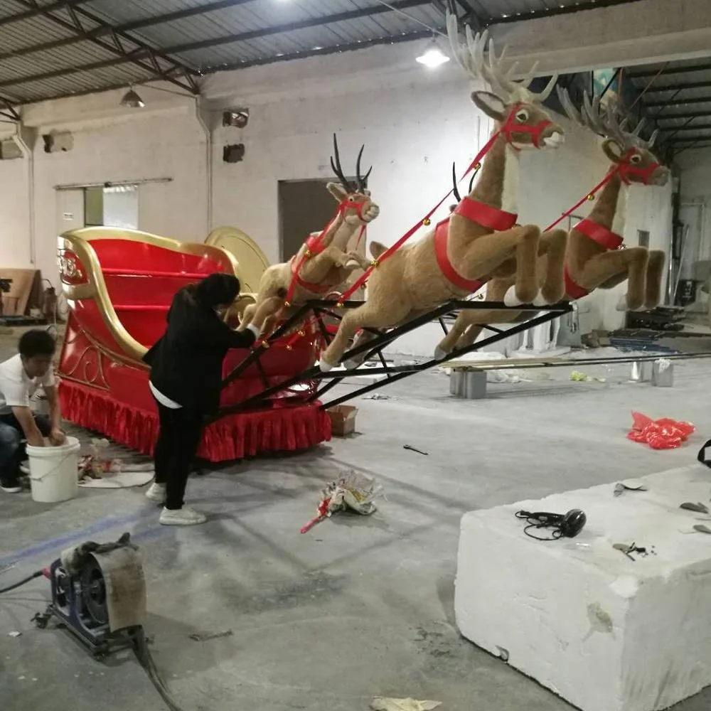Life size fiberglass Christmas sculpture mall decoration dynamic Sleigh reindeer statue with wheel