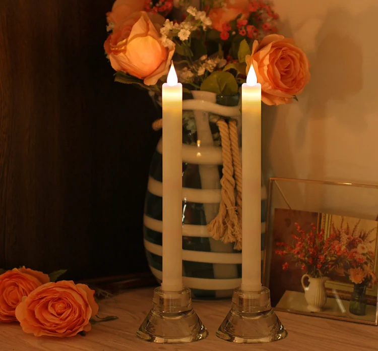 Real wax surface flameless moving wick LED taper candles with timer and remote 2pcs/set
