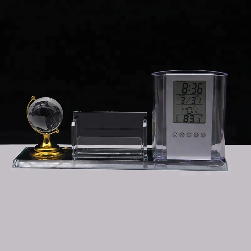 
New product crystal office desk set creative crystal desktop with led sreen clock for table decoration or business gift 