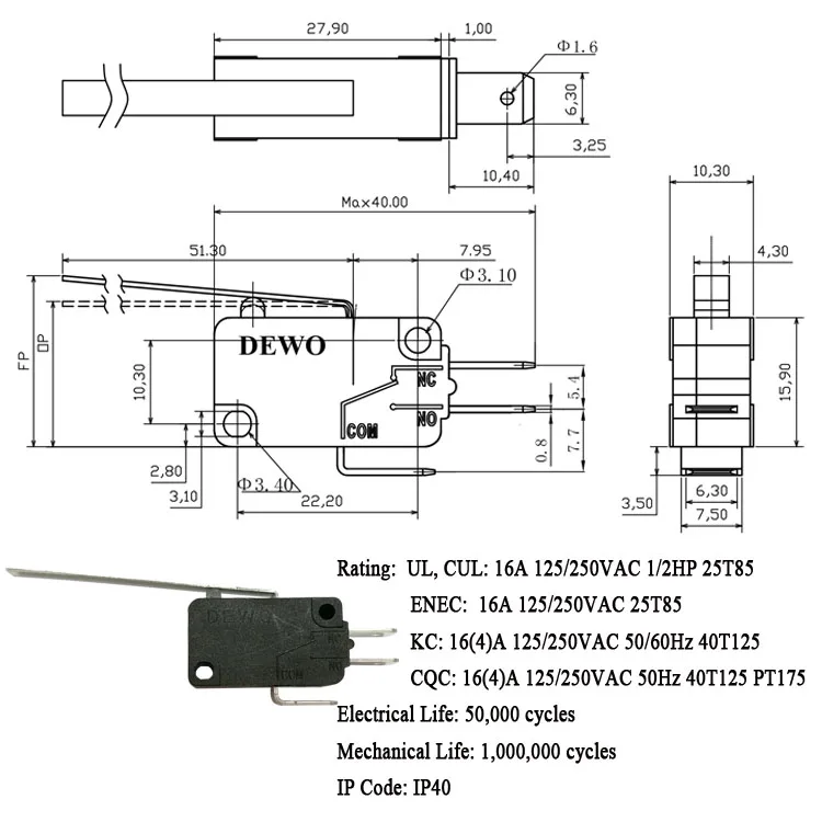 Kw3 oz electronic long hinge lever 40t85 5e4 250v micro switch
