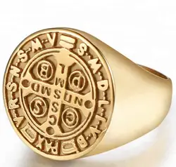 Custom 14K Gold Plated Catholic St Benedict Exorcism Signet Ring
