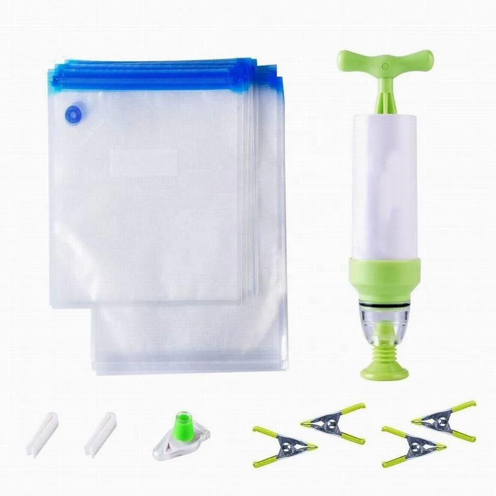 Sous Vide Bags Kit For Anova Cookers - 20 Reusable Food Vacuum Sealed Bags, 1 Hand Pump, 4 Sous Vide Clips