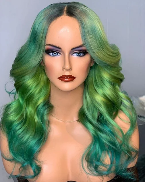 
Fashion Rainbow Virgin Hair #2 Ombre Blue Green Loose Wave Colorful Lace Front Wig Best Selling Human Hair wig 