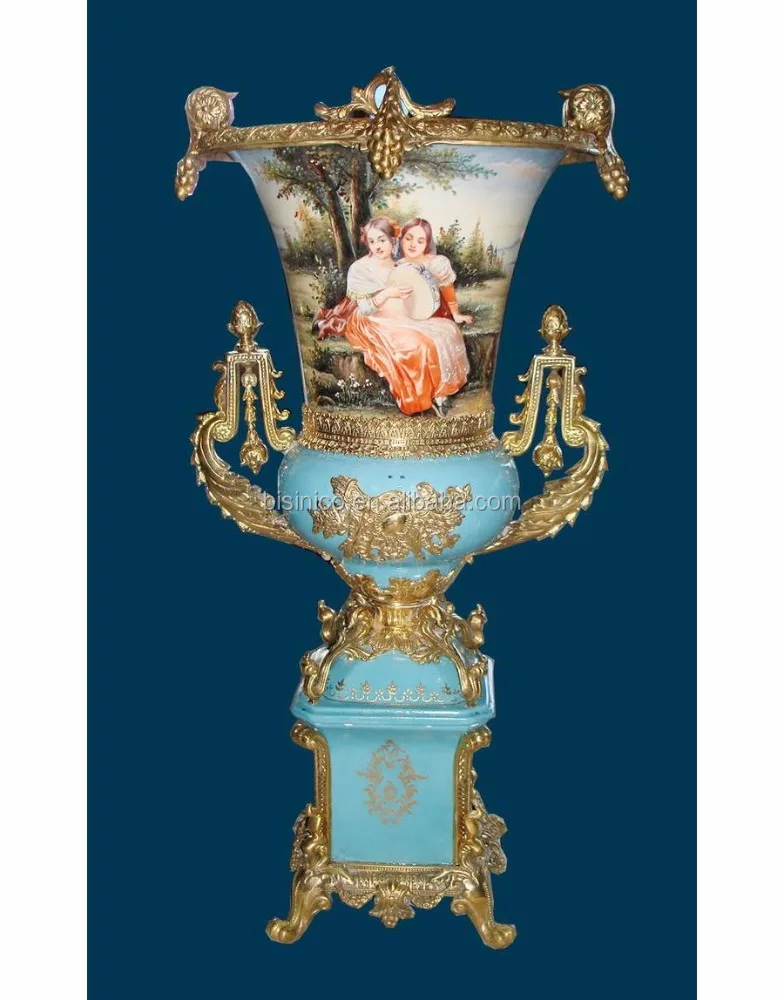 
Luxury Baroque Porcelain Large Vase/Porcelian Hand Pinted Large Blue Reproduction Vase/Home Decor Antique Vase With Gilt Bronze 