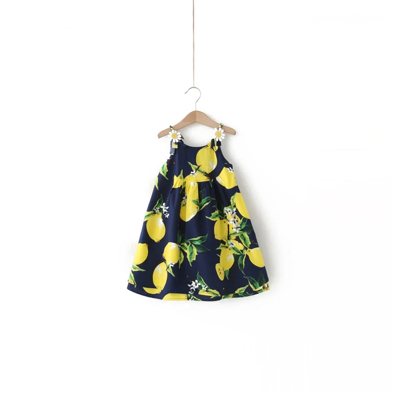 Girl summer clothing 2016 new sleeveless cotton child prints lemon dress skirt baby frock design pictures