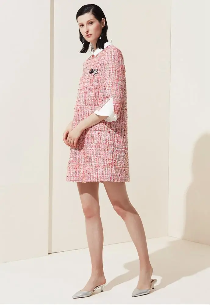Women 3/4 Flare Sleeves Trun-Down  Collare Pink Tweed embroidery Casual Austum Dress