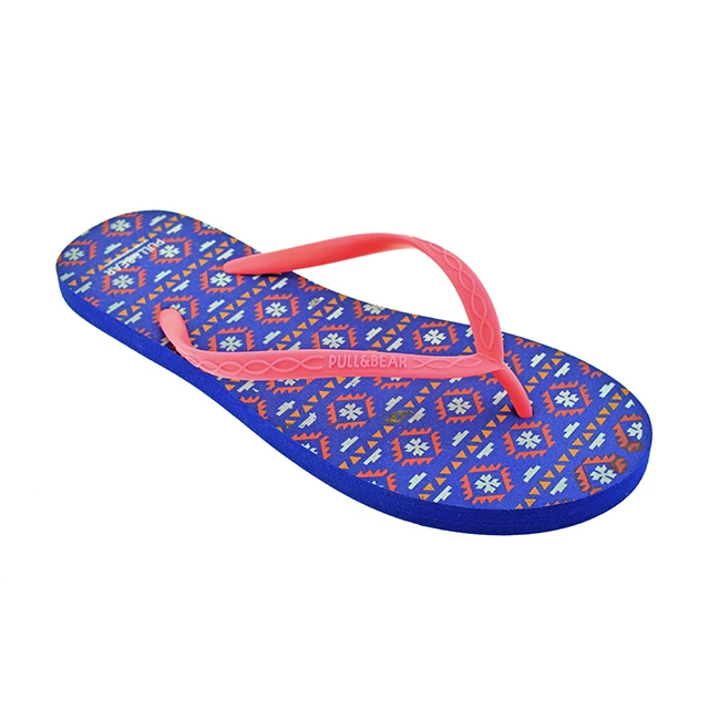 PE lady slipper, PE outsole printing EVA insole with PVC V strap flip-flop, beach slipper