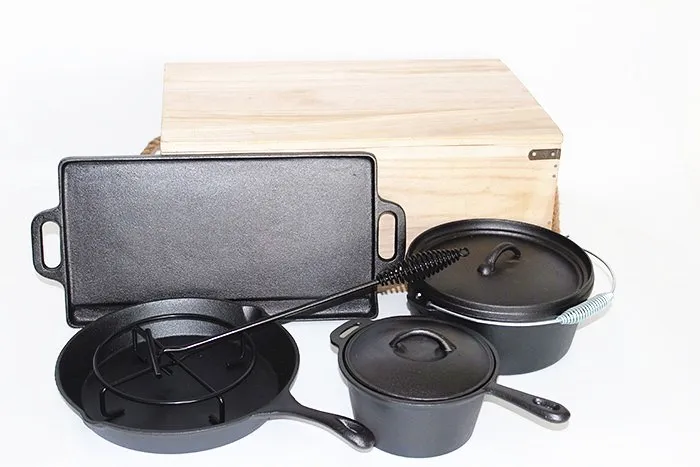 Hot sale private label 6pcs cast iron camping cookware set  in wooden box