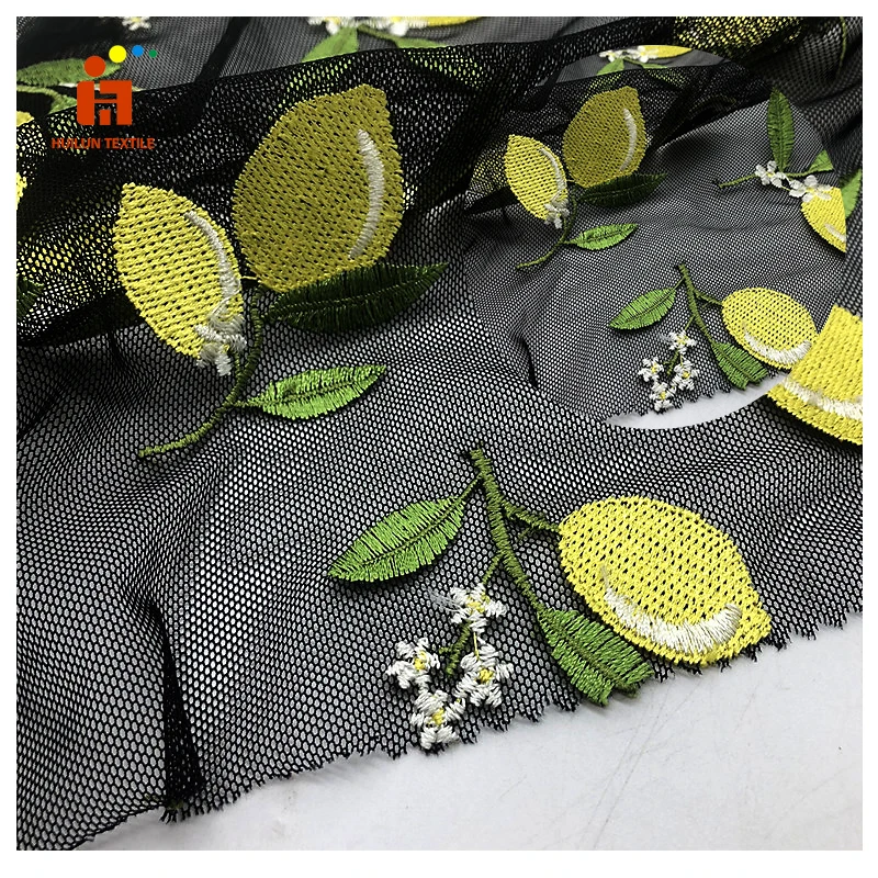 lemon design multi color flat embroidery stretched mesh fabric for lady dress