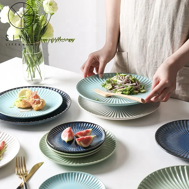 Керамические тарелки для домашнего использования, цветные глазурованные круглые полосатые фарфоровые тарелки, персонализированные тарелки, тарелки 1081