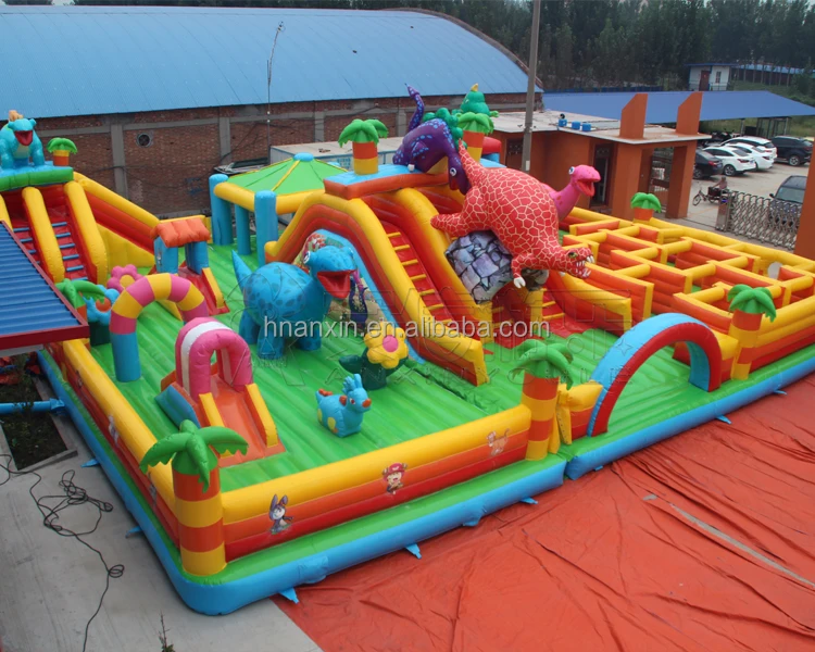 luxury maze playground inflatable dinosaur bouncer with small slide for kids, inflatable playing house tent with arched gate
