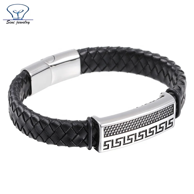 Latest Design Wide Braided Leather Bracelet men engraved metal plates Black Genuine Bangle with Stainless Steel Magnetic Clasp