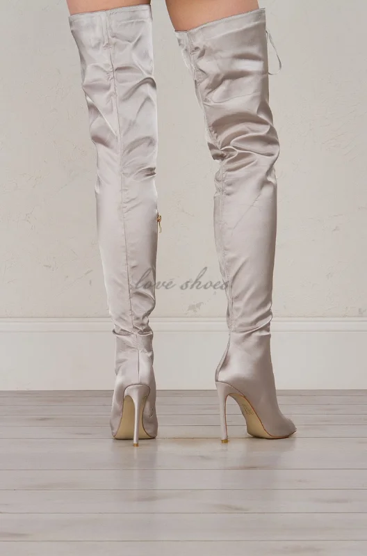 2017 new Sexy boots Light Gray Ribbon Lace Up Over The Knee Peep Toe Boot Satin upper Women long boots