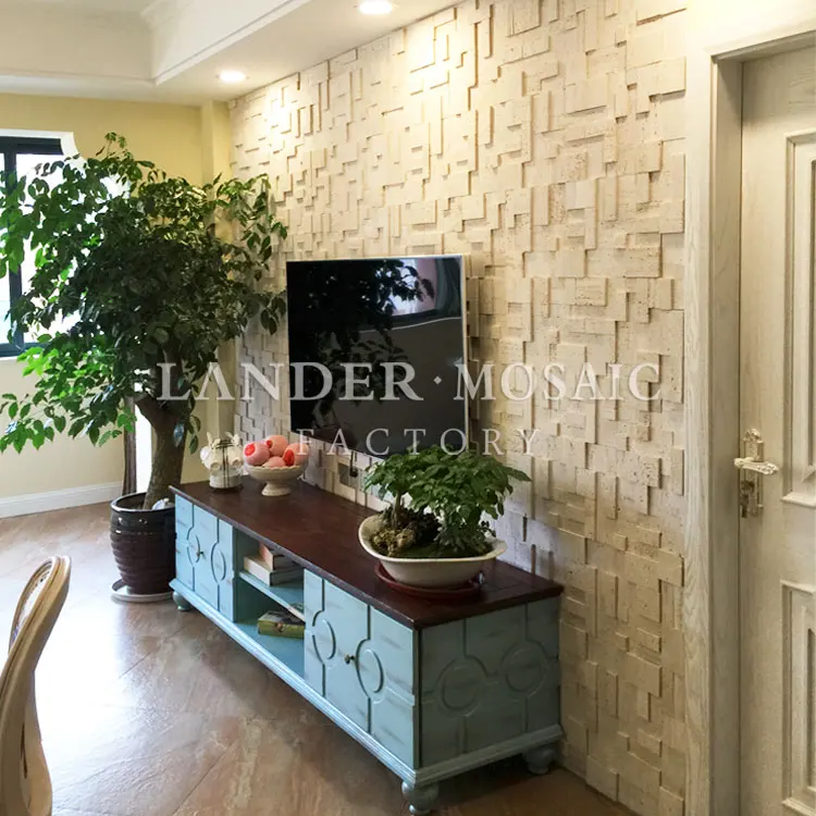 Travertine cube 3d matt finishing marble mosaic tile beige color for TV background