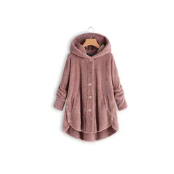 2018 Hot Sale Solid Color Hooded Plush Button Coat