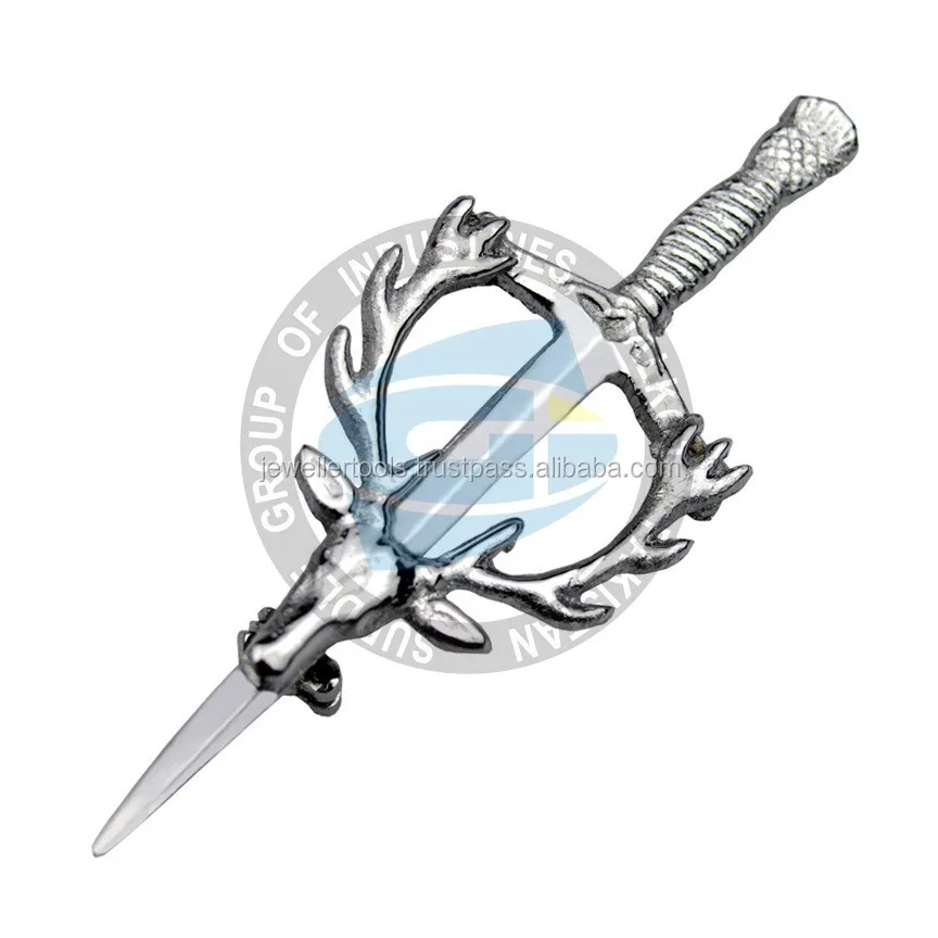 WHOLESALE NEW SCOTTISH HIGHLAND CLAN CREST STAG HEAD KILT PIN BROOCH SWORD STYLE PEWTER MADE FOR MUSICIANS UNIFORM ACCESSORIES
