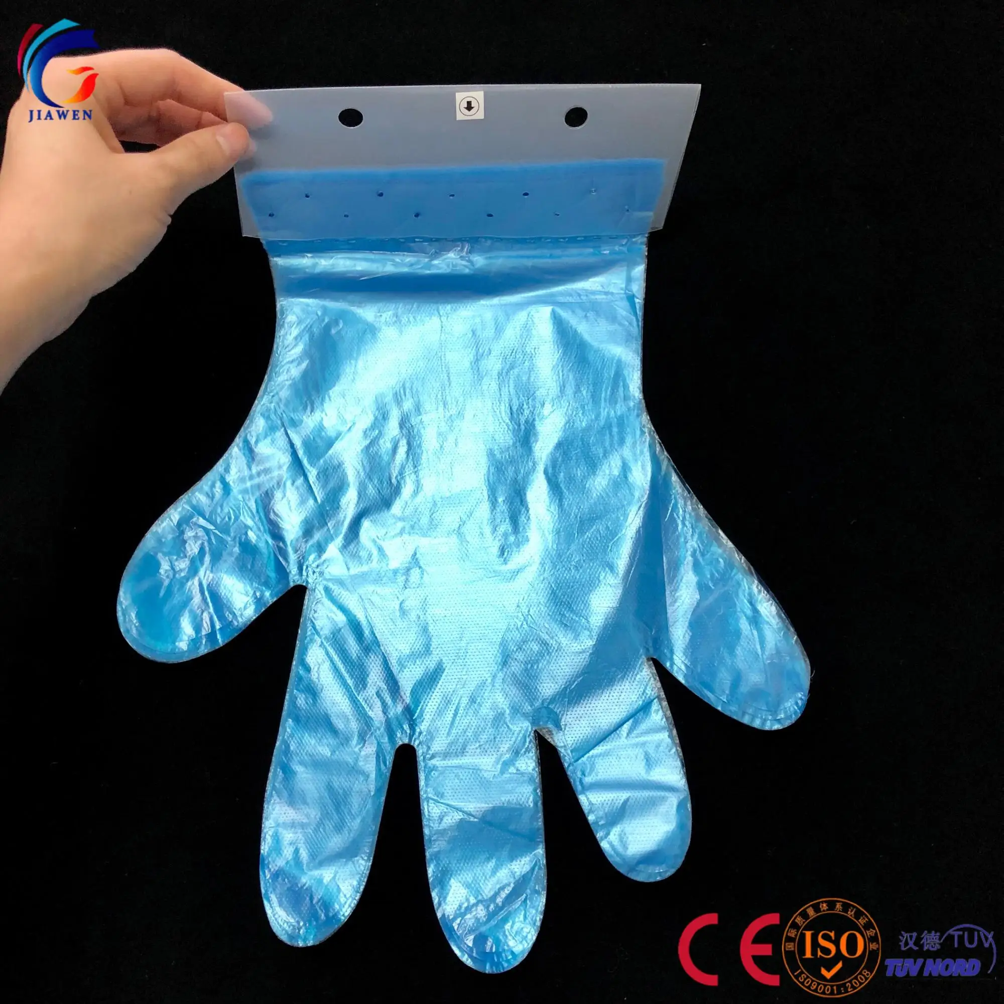 Anti-Slip Design Carefully Tested PE disposable plastic gloves with head card hang tag blocked gloves for easy use