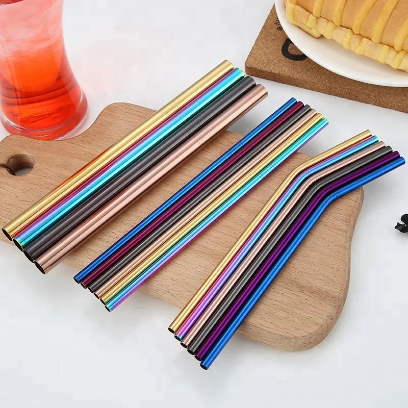 LFGB Approved Rainbow Colored Drinking Straw Stainless Steel Straight Bent Straw for Bar Party