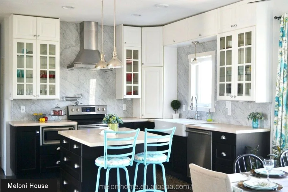 White and Black PVC Kitchen Cabinet with Glass Wall Panels Kitchen,Custom Shaker Kitchens