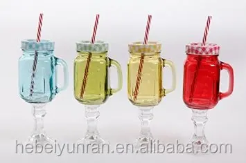 Custom made embossed glass mason jar With Straws Handle