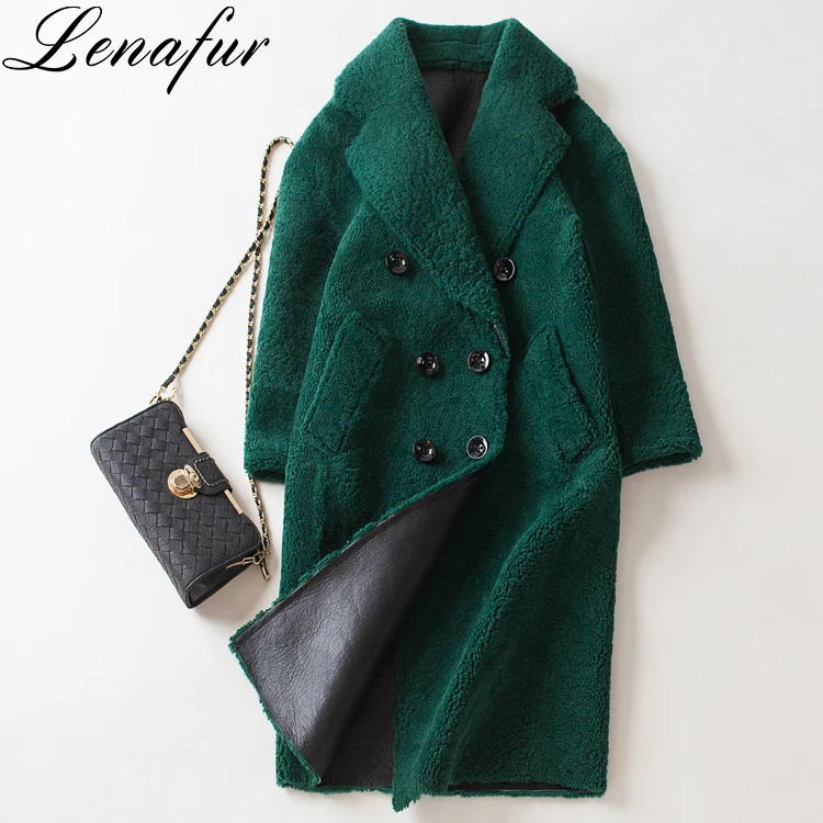 Зеленый цвет Дубленки пальто, кожи ягненка двусторонний материал кожа шерсть шуба для женщин