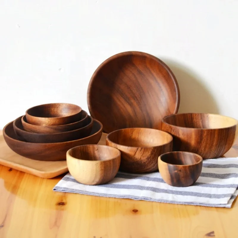 Classical Handmade Natural 10cm Anti-scald  Acacia  Wood  Soup Rice Bowl