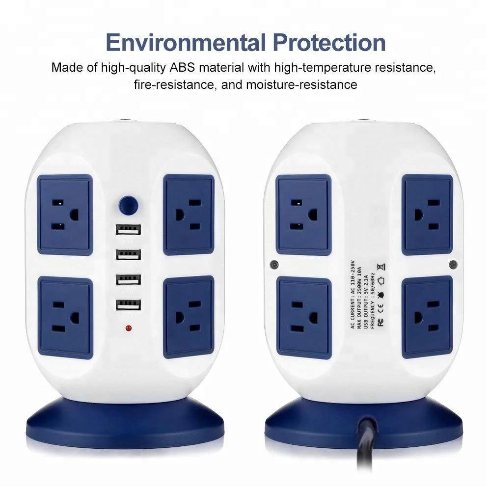 Power Strip Surge Protector, Strip Tower 8 Outlets 4USB Ports (2 X 2.1A),3 Power Switch with 6.5 Feet Extension Cord