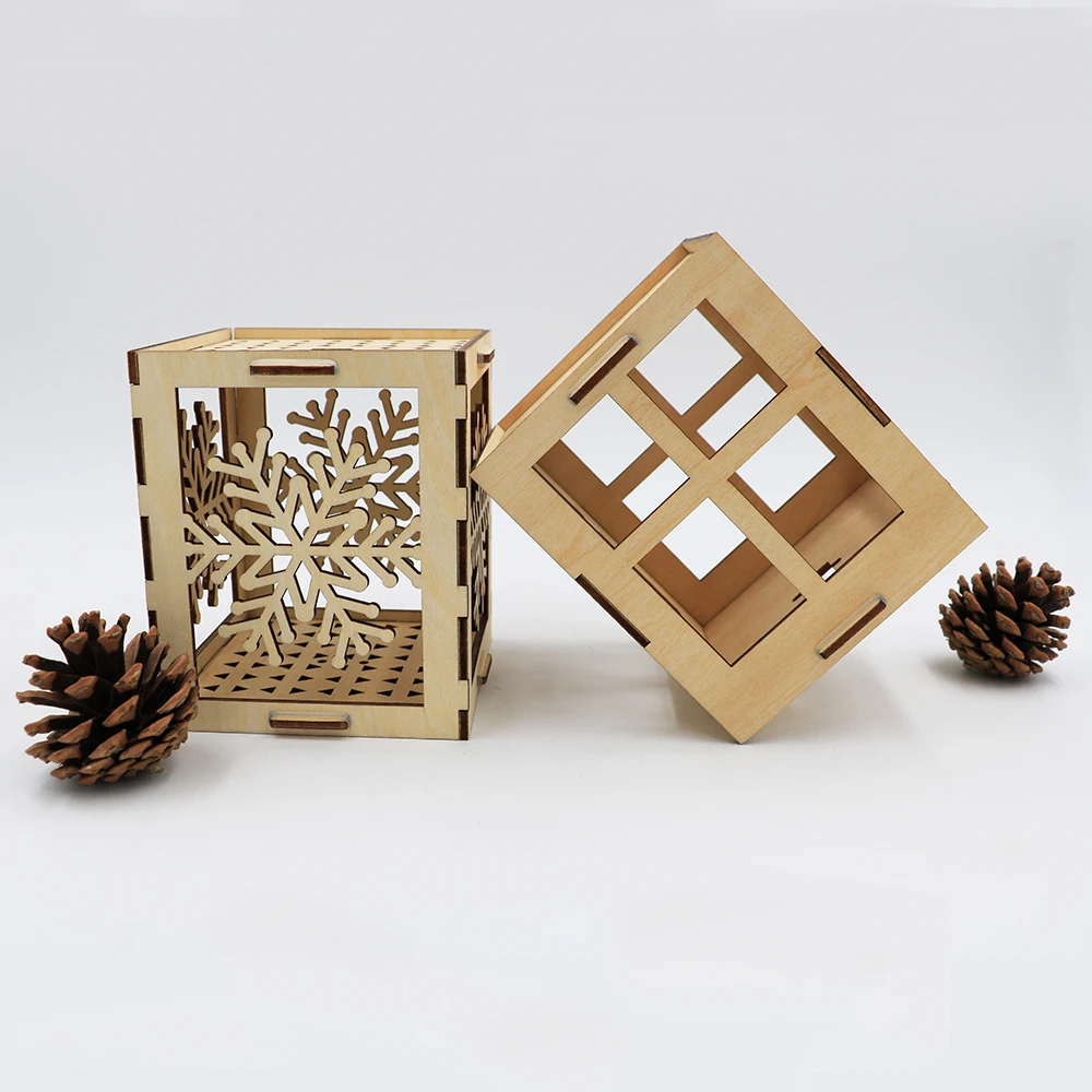 Laser cut Christmas Tree Wooden Box with Light LED Lantern