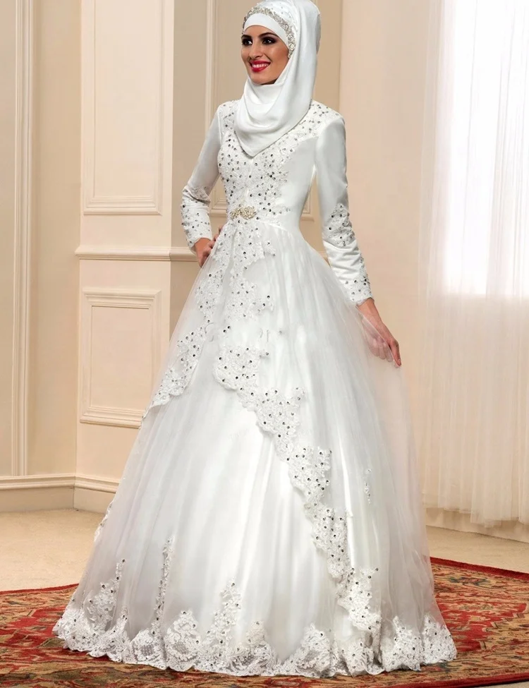 6001# New Wholesale Vintage Floor Length Bridal Gown Modest Long Sleeve A-Line Satin Lace Beading Muslim Arab Wedding Dress