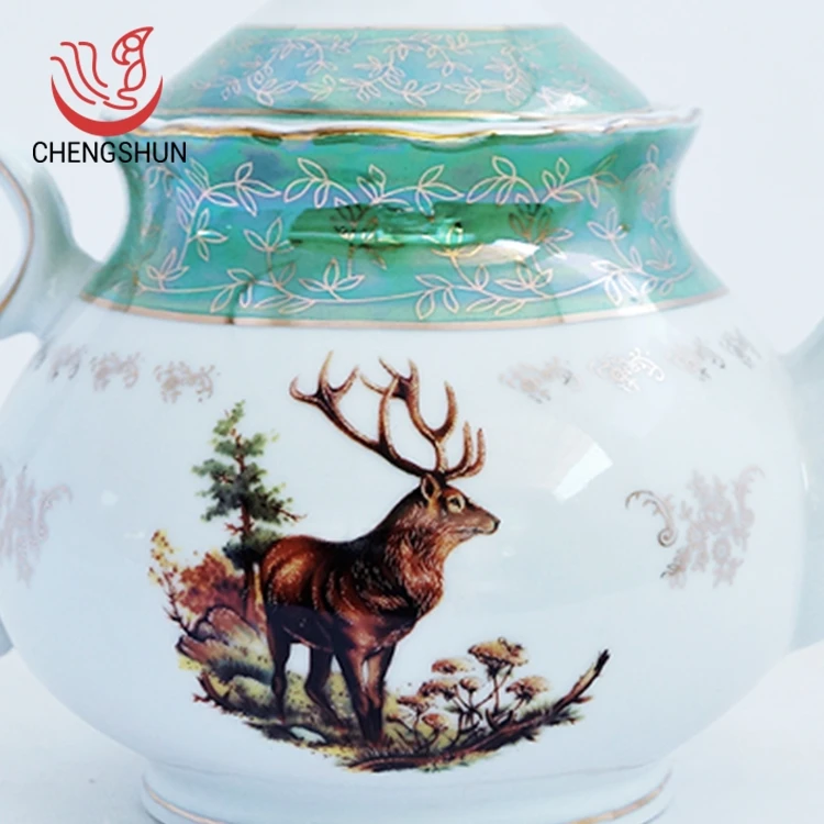 10 Inch Green Gold Leaf Elk Ceramic Teapot