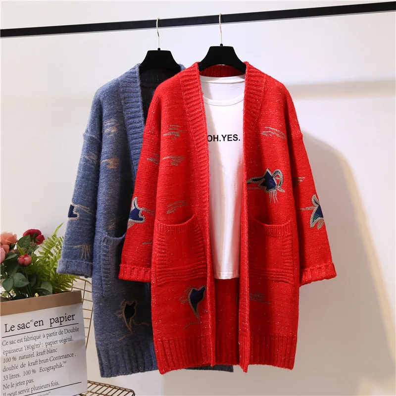 2018 winter autumn latest v-neck front open embroidery lady packets coat women knitted long cardigan