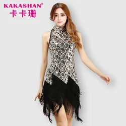 Tassel paillette black and gold beaded high neck jazz competition performance wear salsa latin dance costumes UK for women