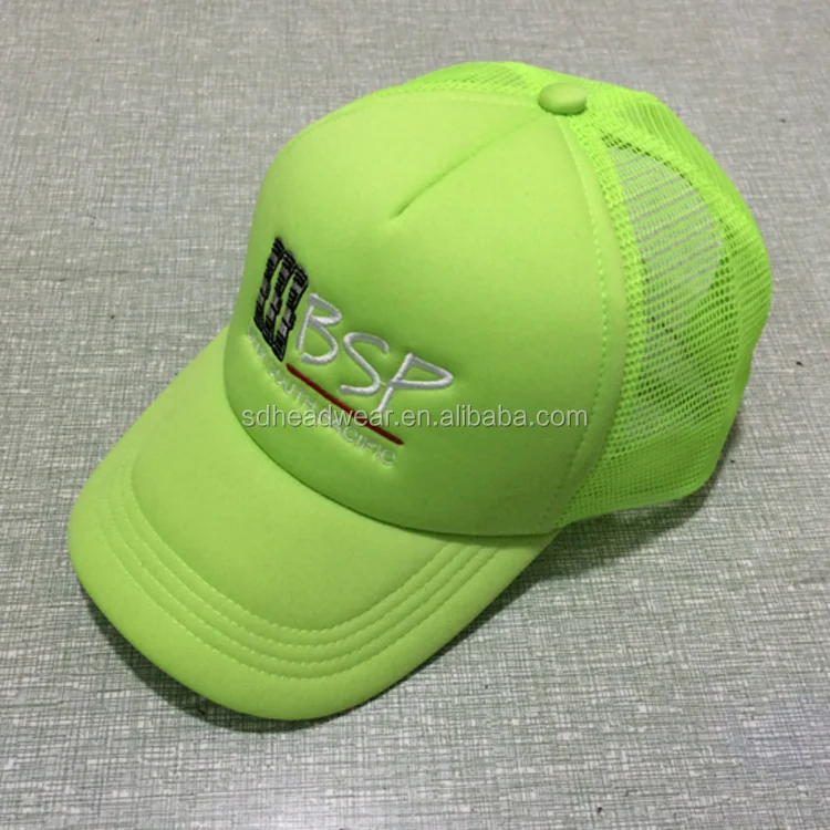 Fashion custom logo mesh back embroidery neon green foam trucker cap
