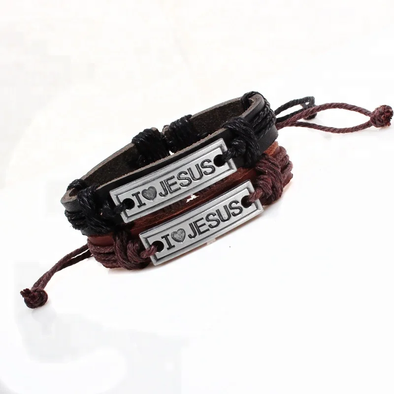 Christian Faith I Love Jesus Engraved Leather Braided Bracelets for women men promotional gift religion bracelet
