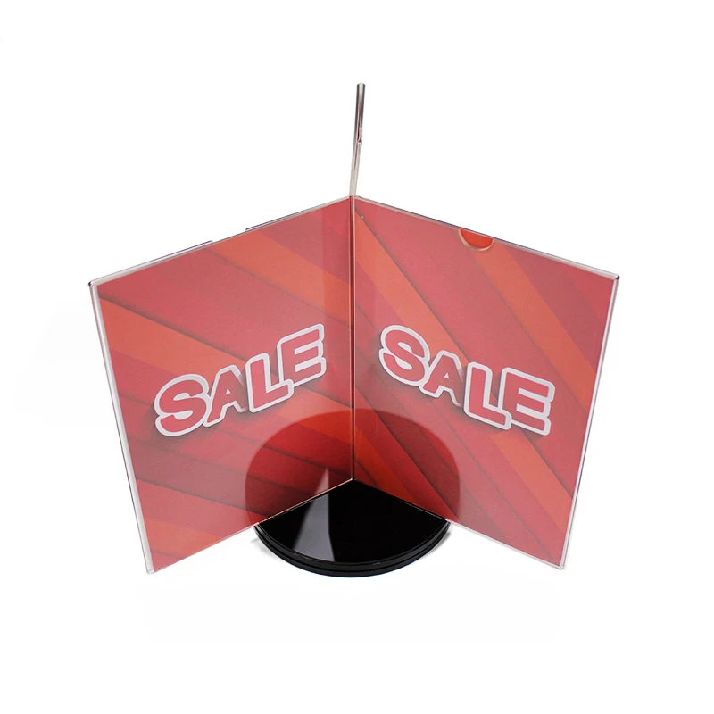 Wholesale rotating 3 sides acrylic display stand card sign holder with round base
