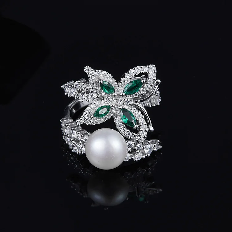 
Fashion 925 Sterling Silver Platinum Plated AAA Cubic Zirconia Butterfly Design Marquise Cut Created Emerald Shell Pearl Ring 